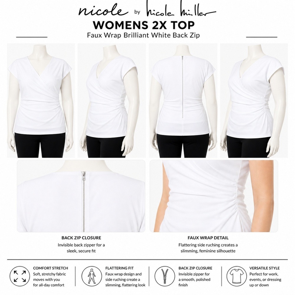 Nicole by Nicole‎ Miller Women 2X Faux Wrap Blouse White Cap Sleeve Zip A653425
